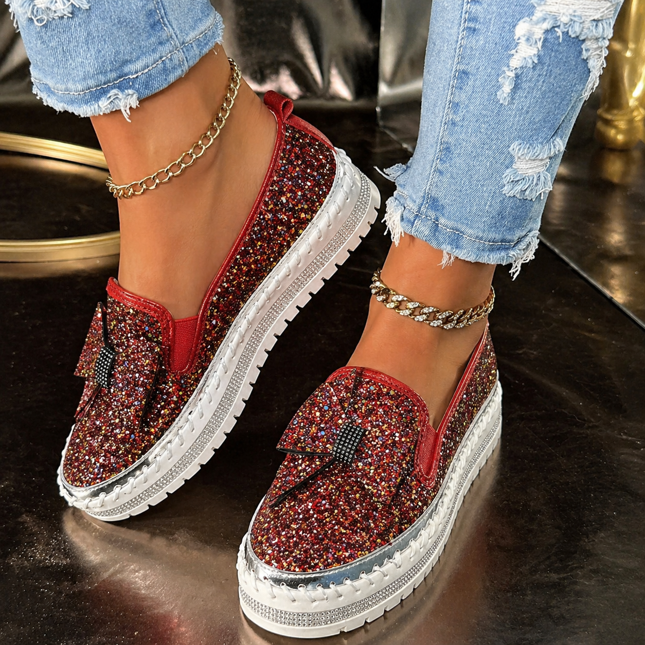 Suprclark Women Sparkly Loafers - Red Iridescent