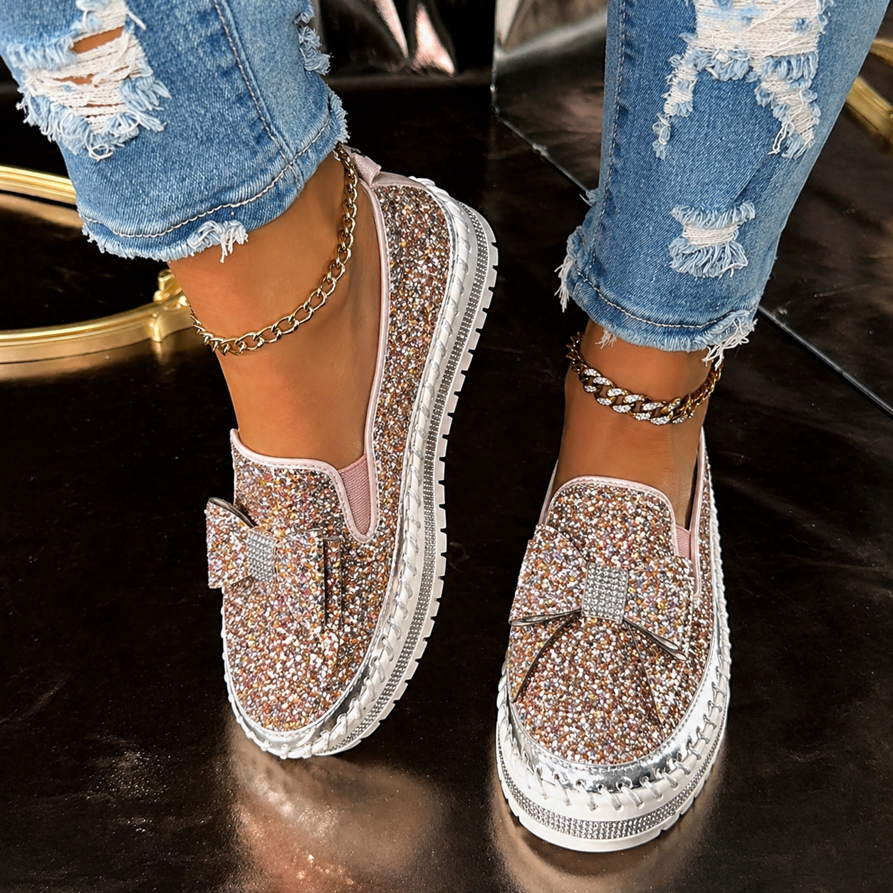 Suprclark Women Sparkly Loafers - Pink