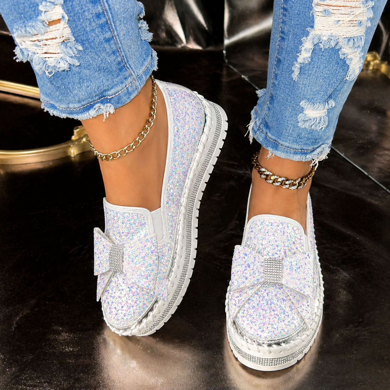 Suprclark Women Sparkly Loafers - Black Star