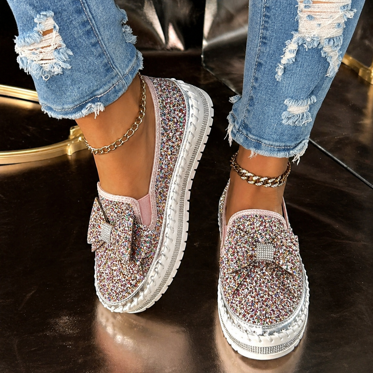 Suprclark Women Sparkly Loafers - Pink Iridescent