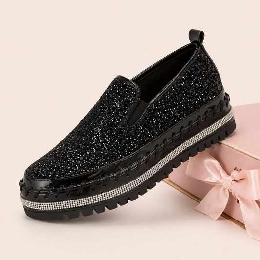 Suprclark Women Slip On Sparkly Loafers - Black