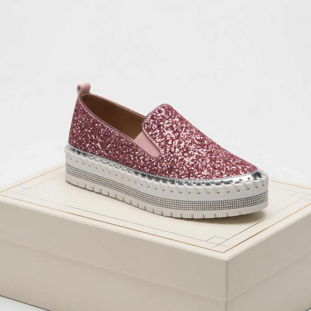 Suprclark Women Slip On Sparkly Loafers - Pink