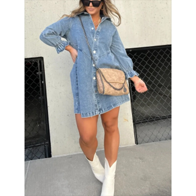 Denim Shirt Dress with Fringed Hem and Flutter Sleeves