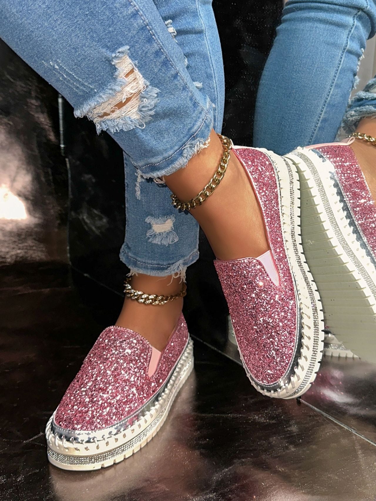 Fashionable Rhinestones Thick-Soled Loafers