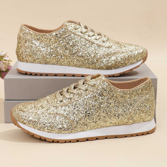 Suprclark women's gold glitter lace-up flat sneakers