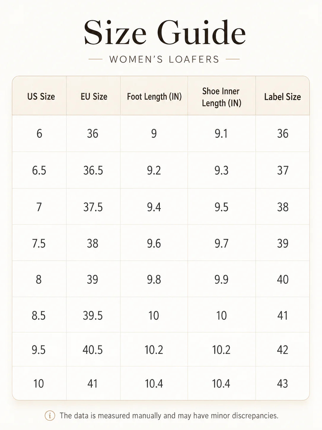 Suprclark women's loafers US and EU size guide