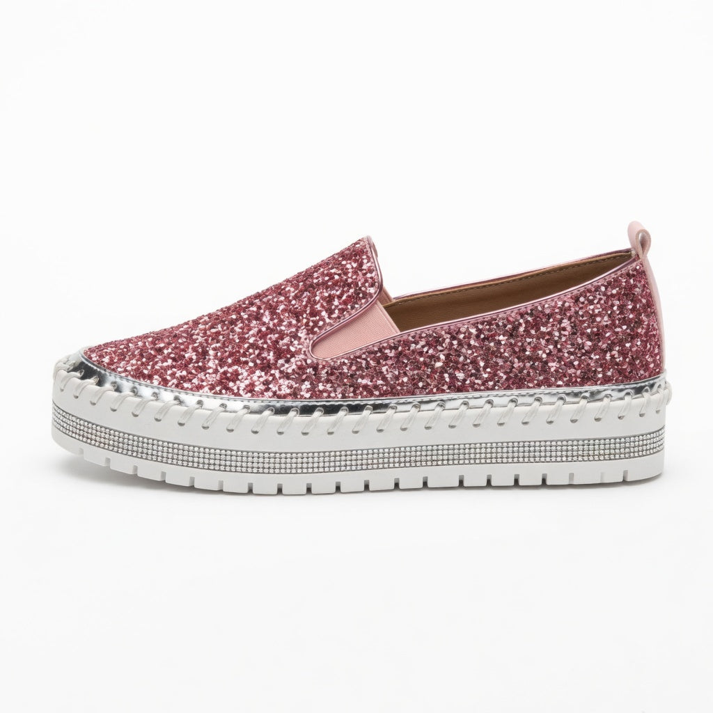Suprclark Women Slip On Sparkly Loafers - Pink