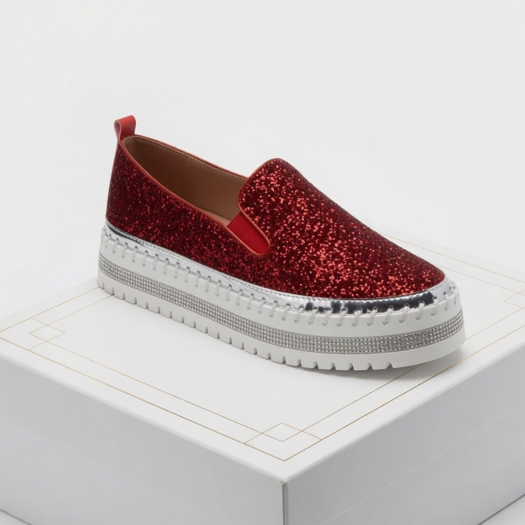 Suprclark Women Slip On Sparkly Loafers - Red
