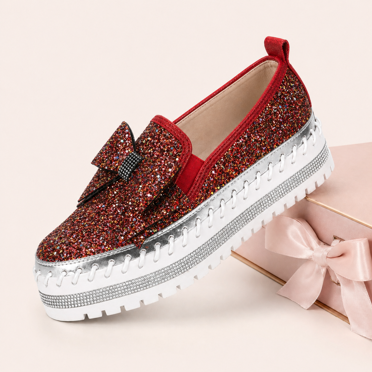 Suprclark Women Sparkly Loafers - Red Iridescent