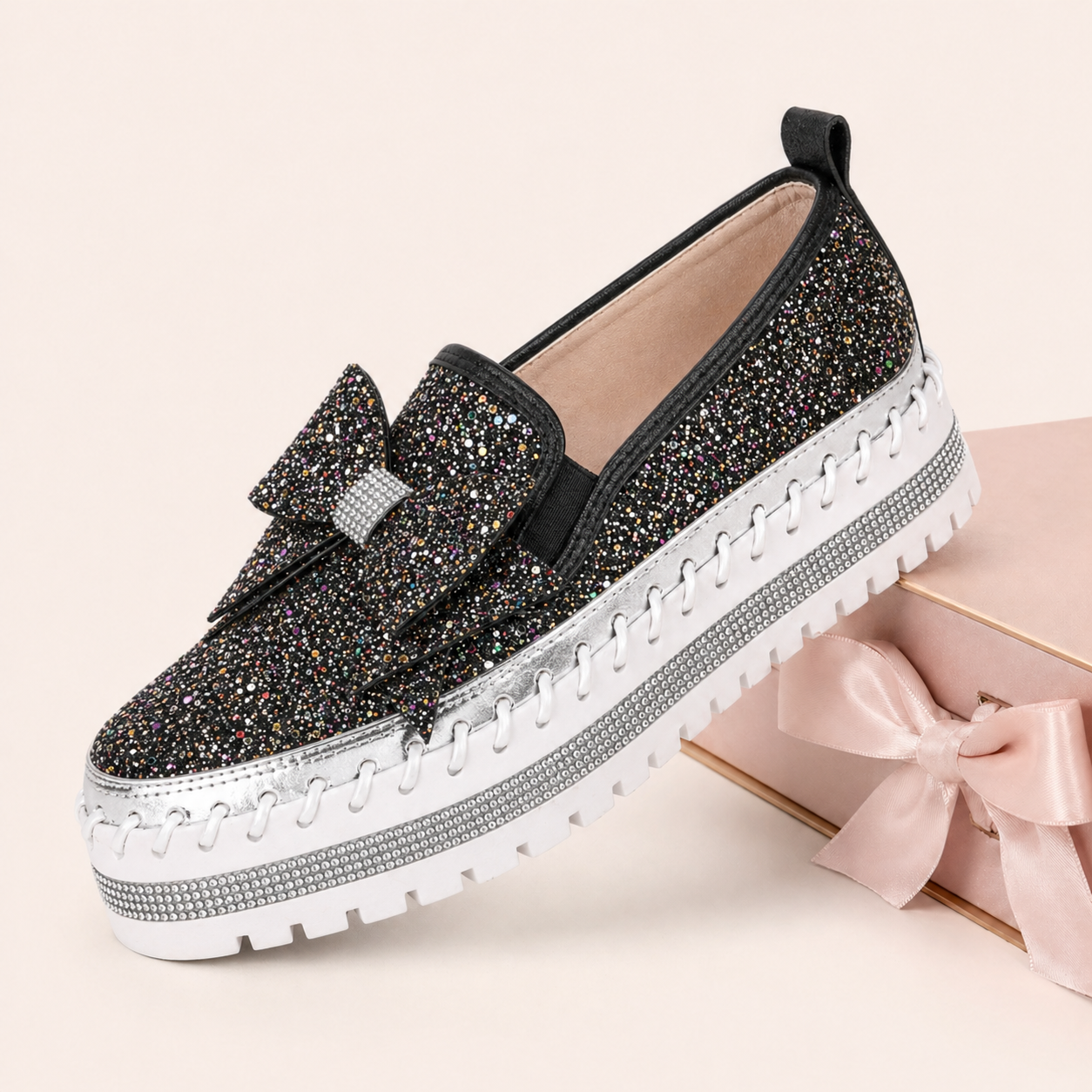 Suprclark Women Sparkly Loafers - Black Iridescent