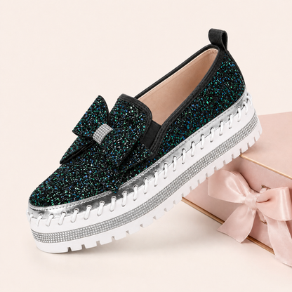 Suprclark Women Sparkly Loafers - Black Green
