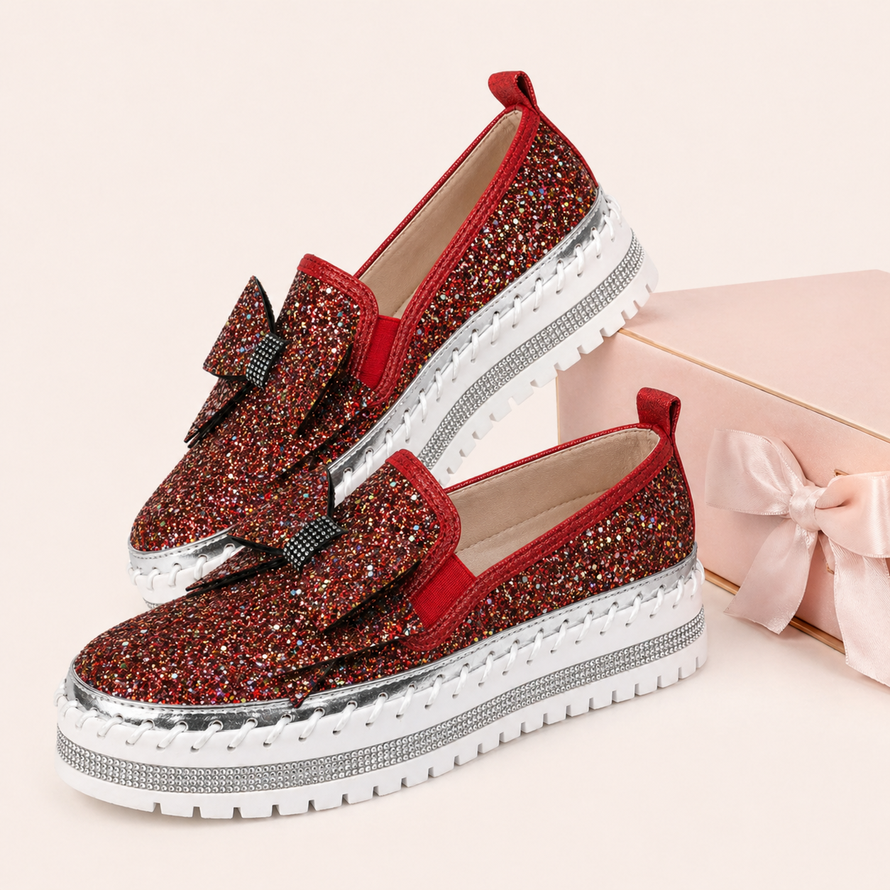 Suprclark Women Sparkly Loafers - Red Iridescent