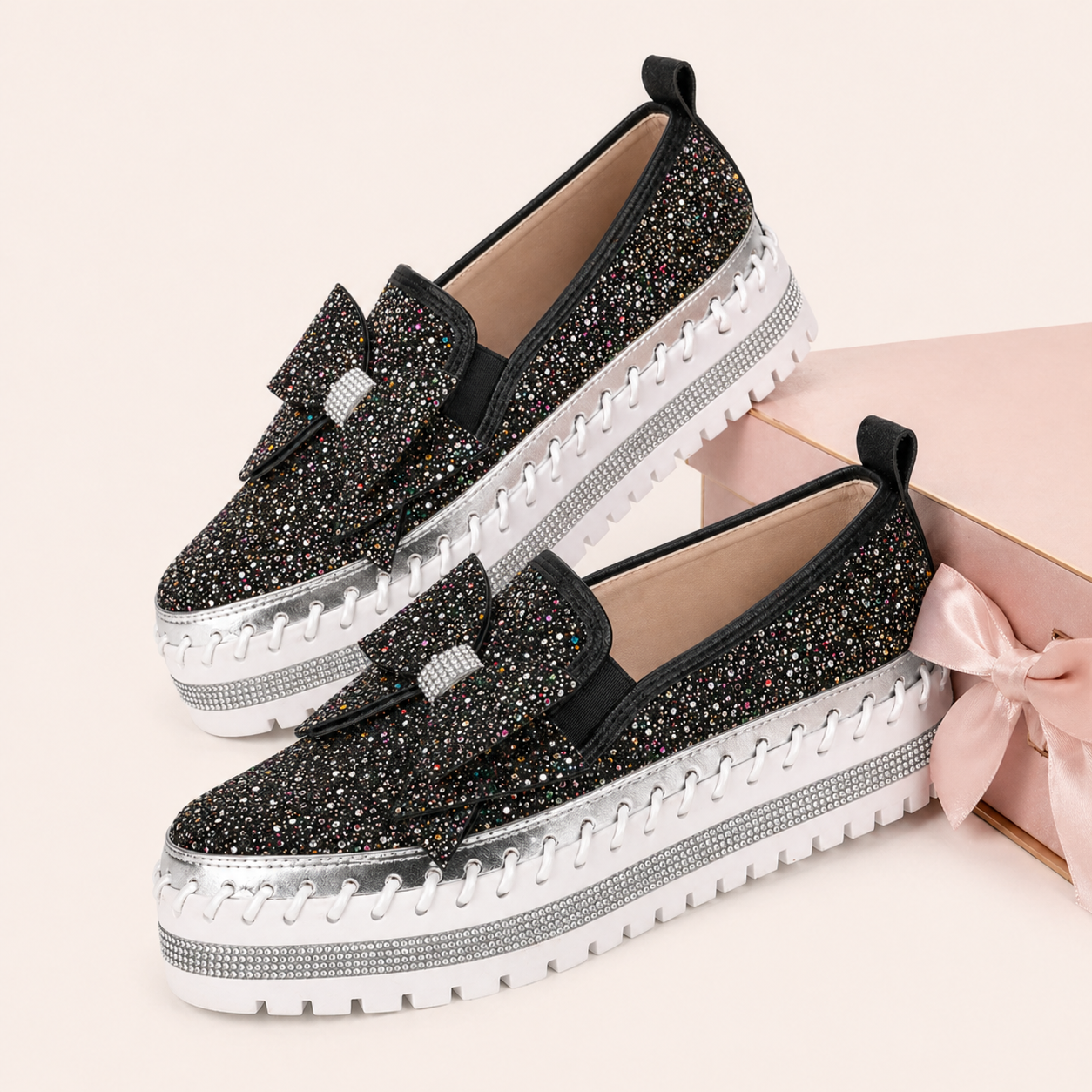 Suprclark Women Sparkly Loafers - Black Iridescent