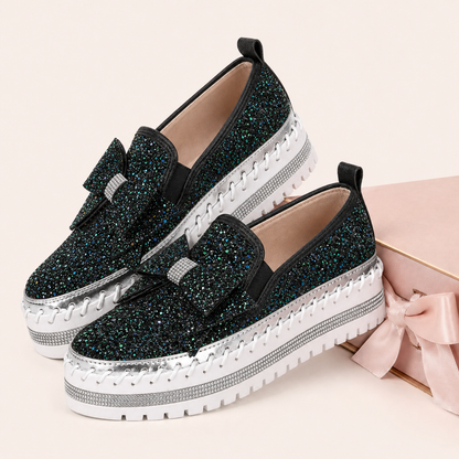 Suprclark Women Sparkly Loafers - Black Green