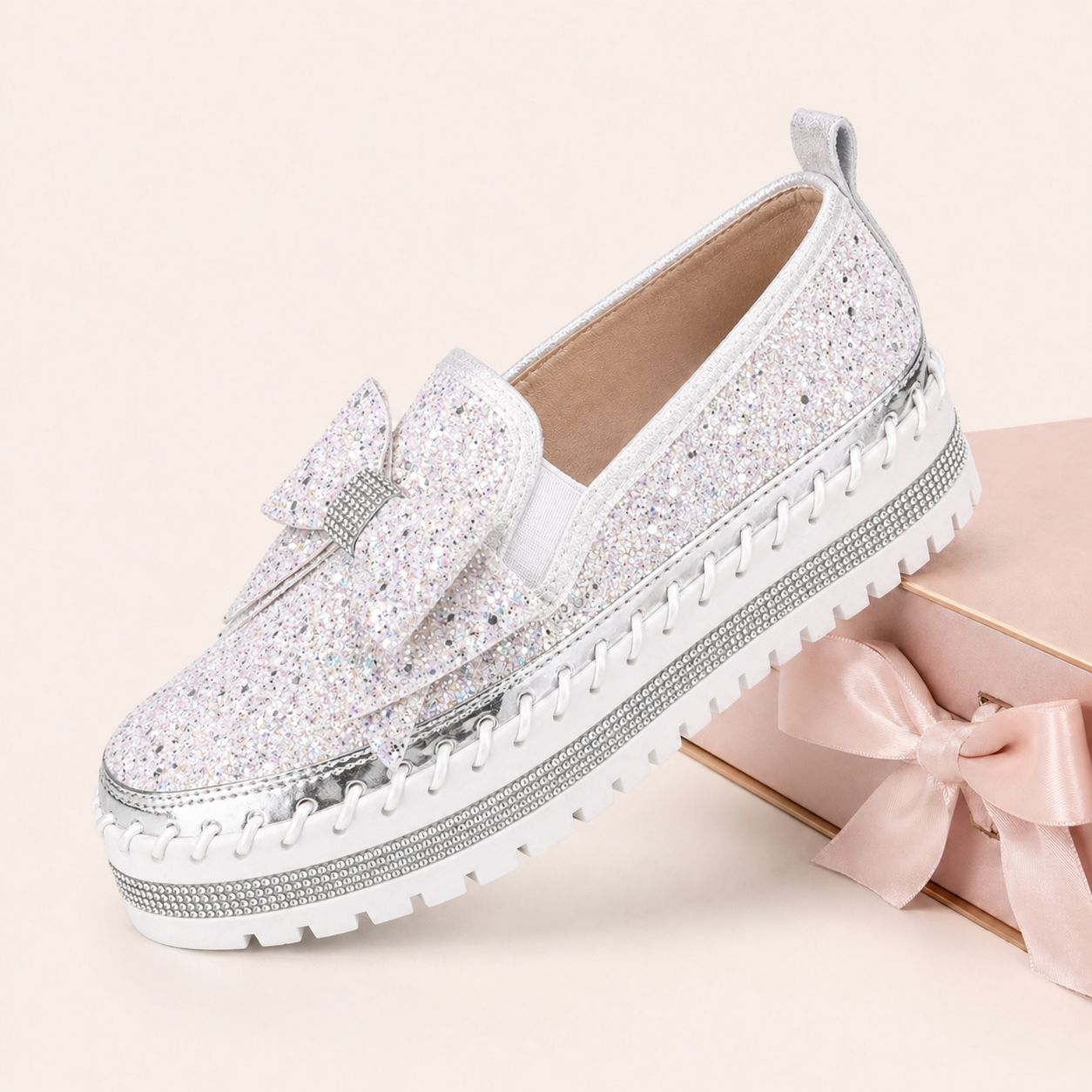 Suprclark Women Sparkly Loafers - Pink Purple