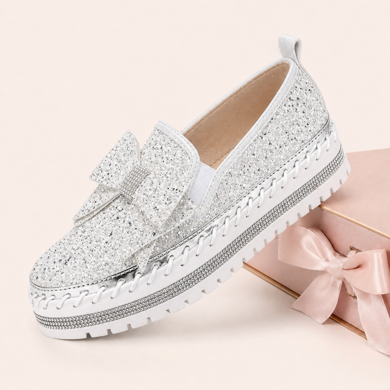 Suprclark Women Sparkly Loafers - Beige White
