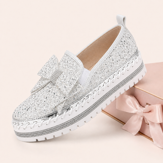 Suprclark Women Sparkly Loafers - Beige White