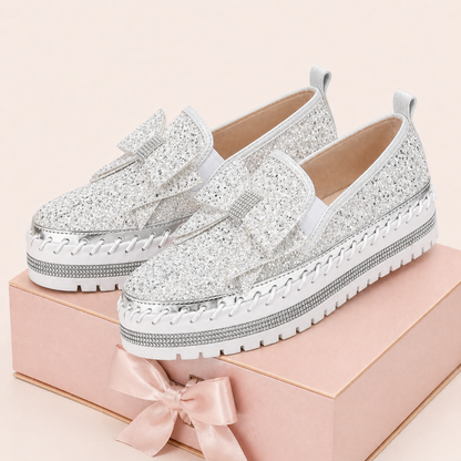 Suprclark Women Sparkly Loafers - Beige White
