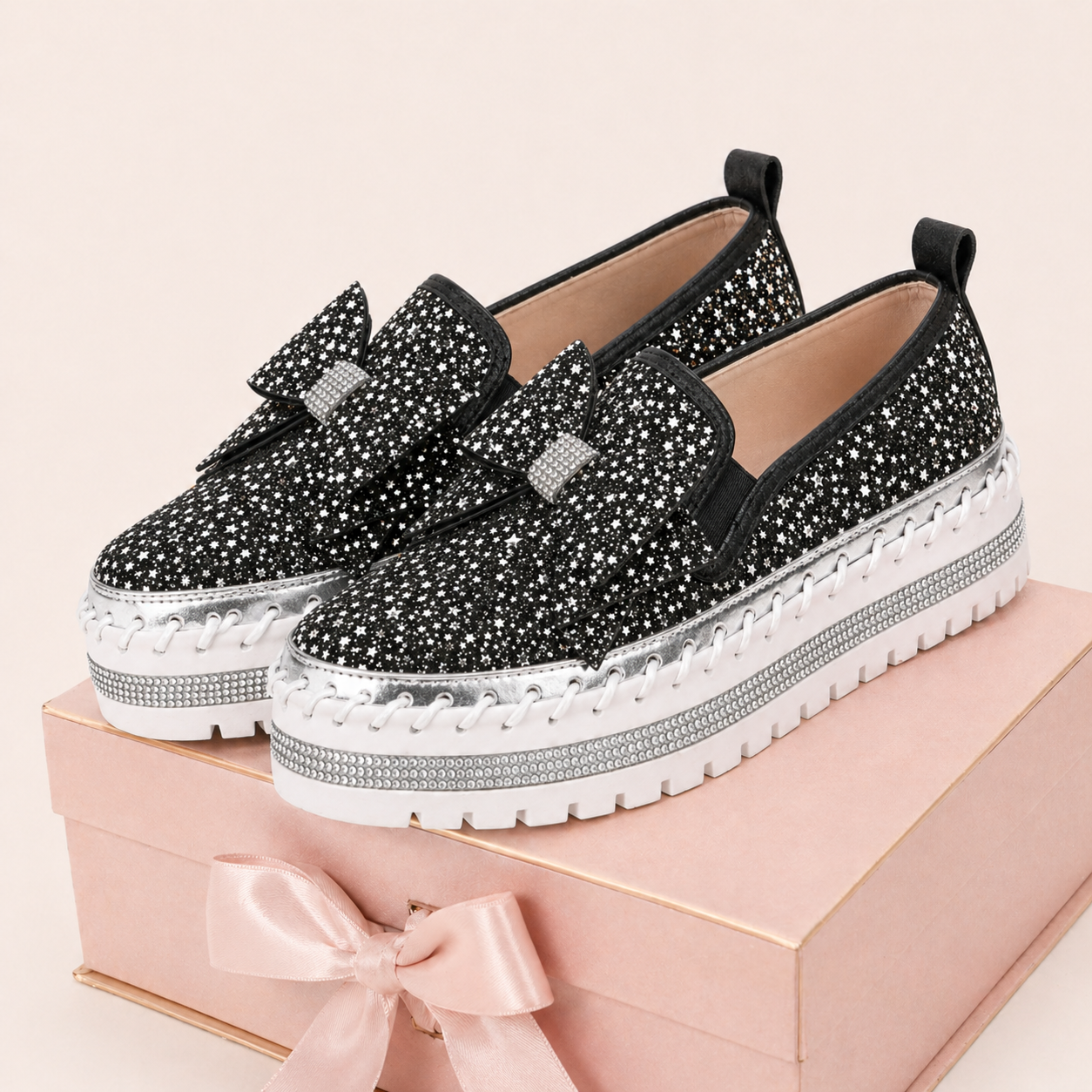 Suprclark Women Sparkly Loafers - Black Star