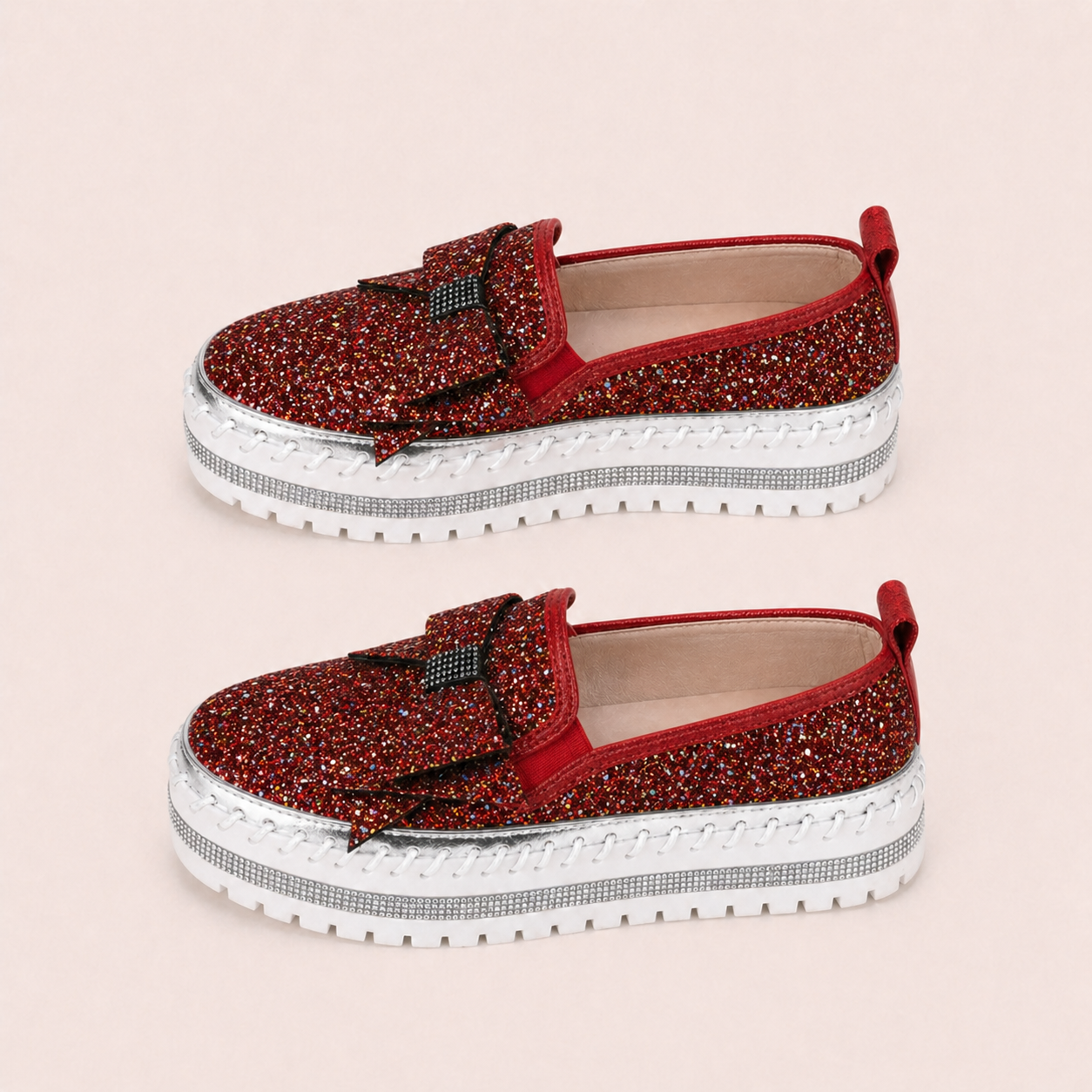 Suprclark Women Sparkly Loafers - Red Iridescent