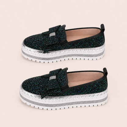 Suprclark Women Sparkly Loafers - Black Green