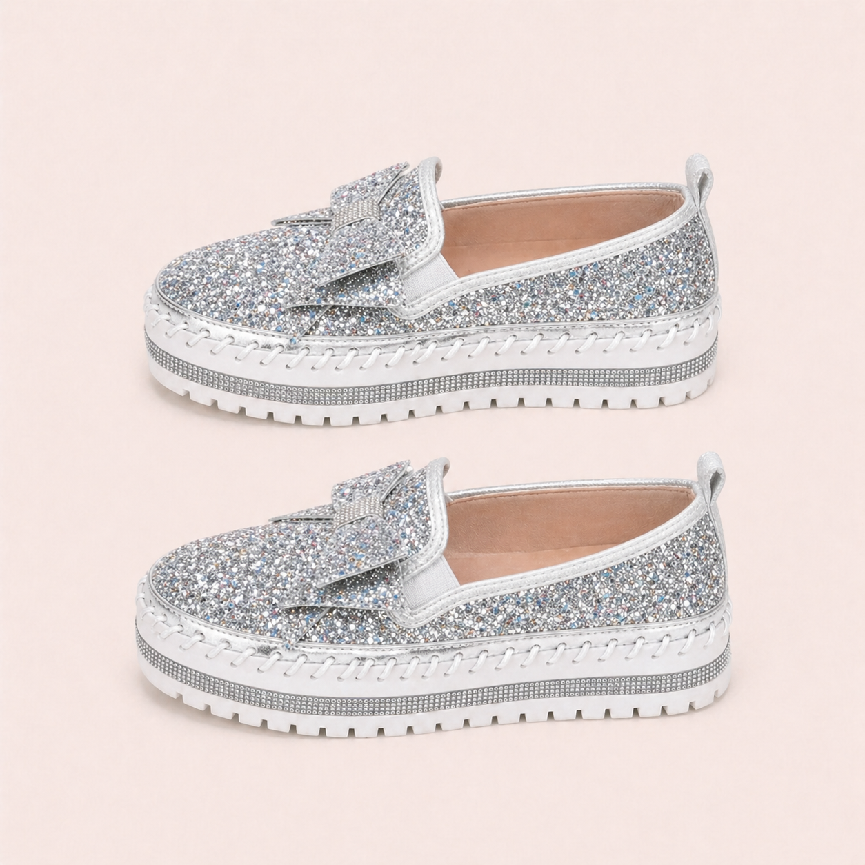 Suprclark Women Sparkly Loafers - Beige White