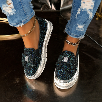 Suprclark Women Sparkly Loafers - Black Green
