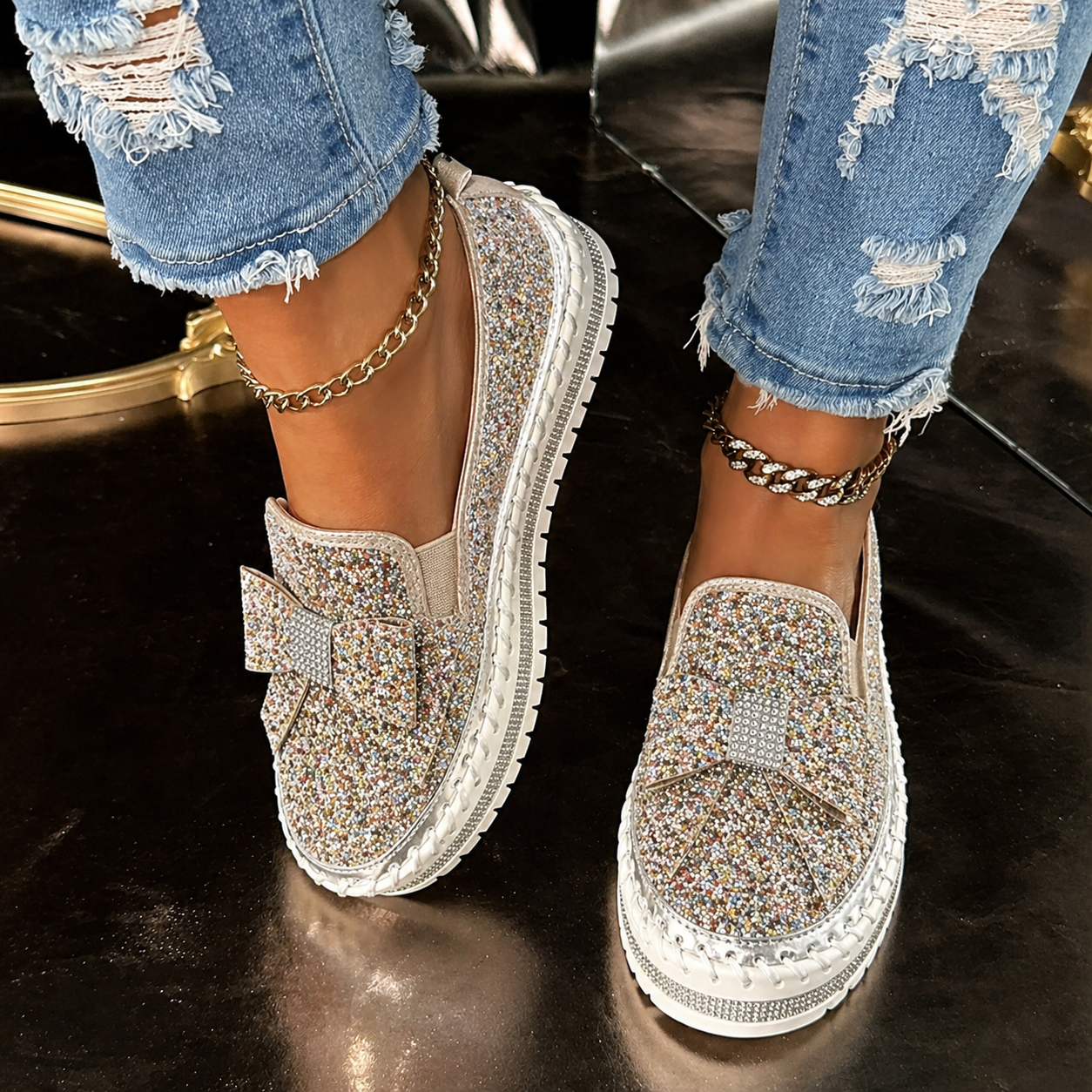 Suprclark Women Sparkly Loafers - Gold Iridescent