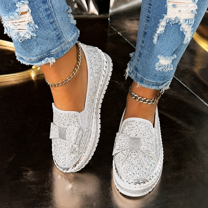 Suprclark Women Sparkly Loafers - Beige White