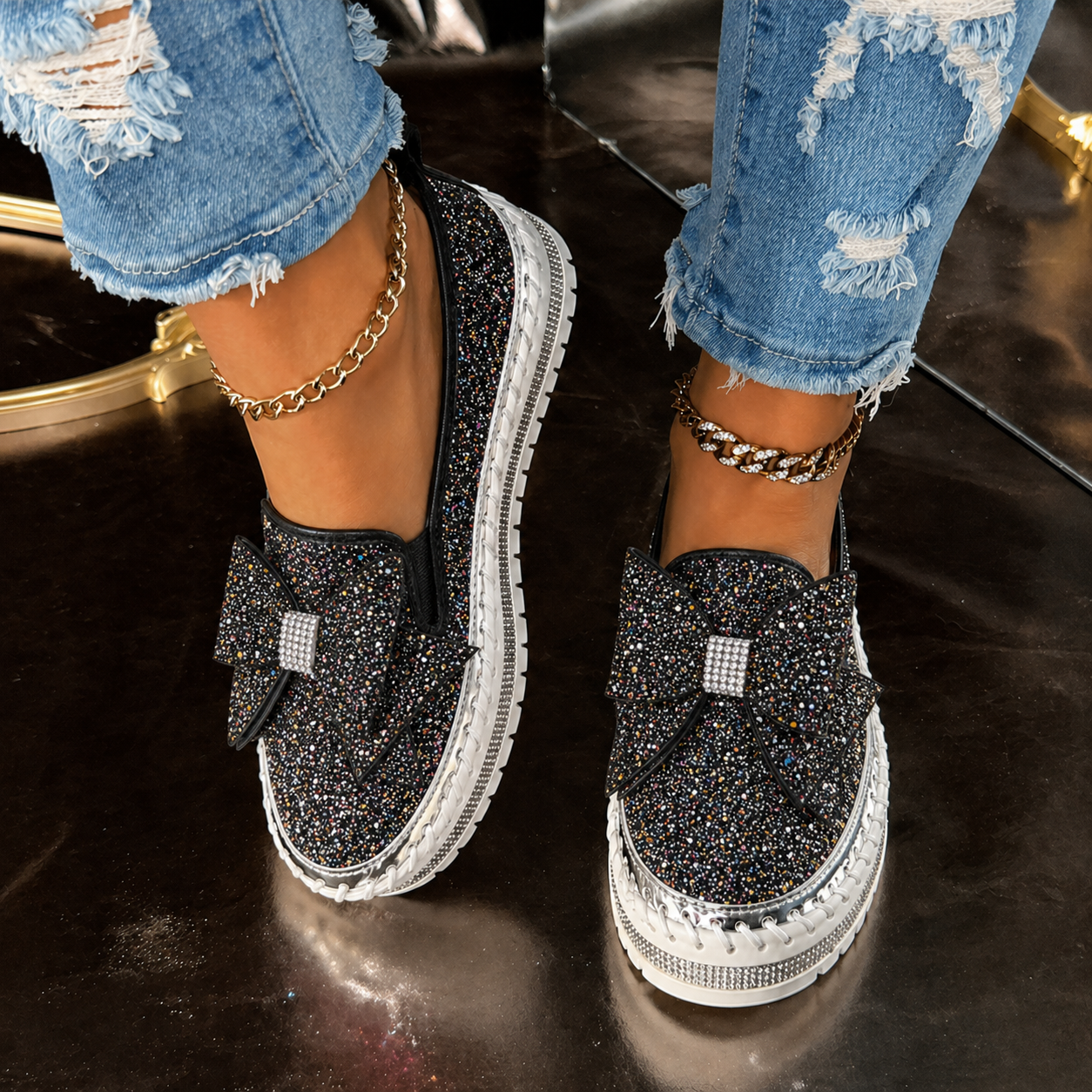Suprclark Women Sparkly Loafers - Black Iridescent