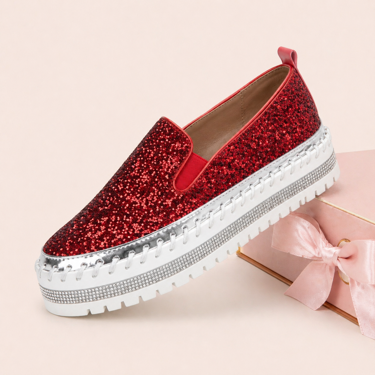 Suprclark Women Slip On Sparkly Loafers - Red