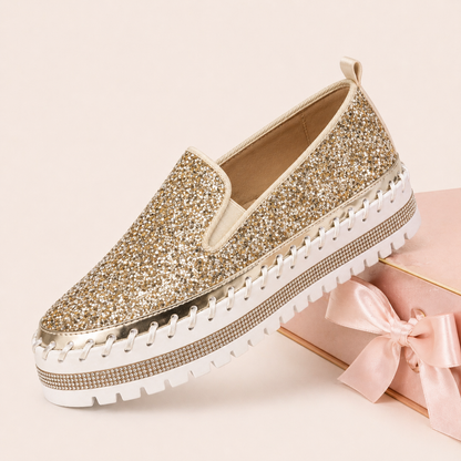 Suprclark Women Slip On Sparkly Loafers - Gold