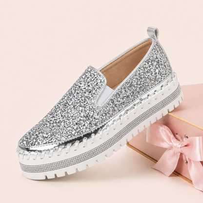 Suprclark Women Slip On Sparkly Loafers - Silver