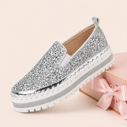 Suprclark Women Slip On Sparkly Loafers - Silver