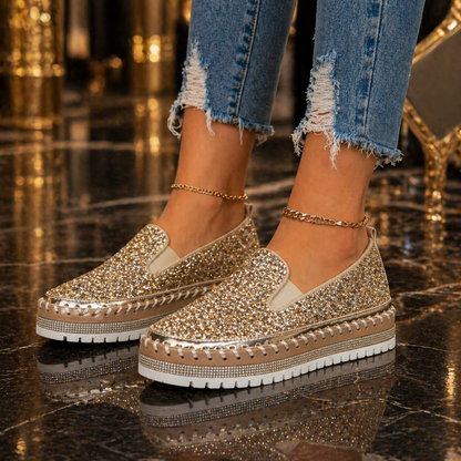 Suprclark Women Slip On Sparkly Loafers - Gold