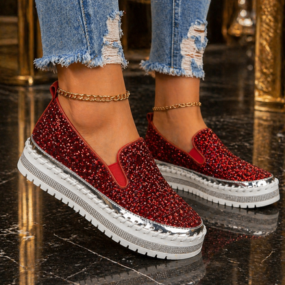 Suprclark Women Slip On Sparkly Loafers - Red
