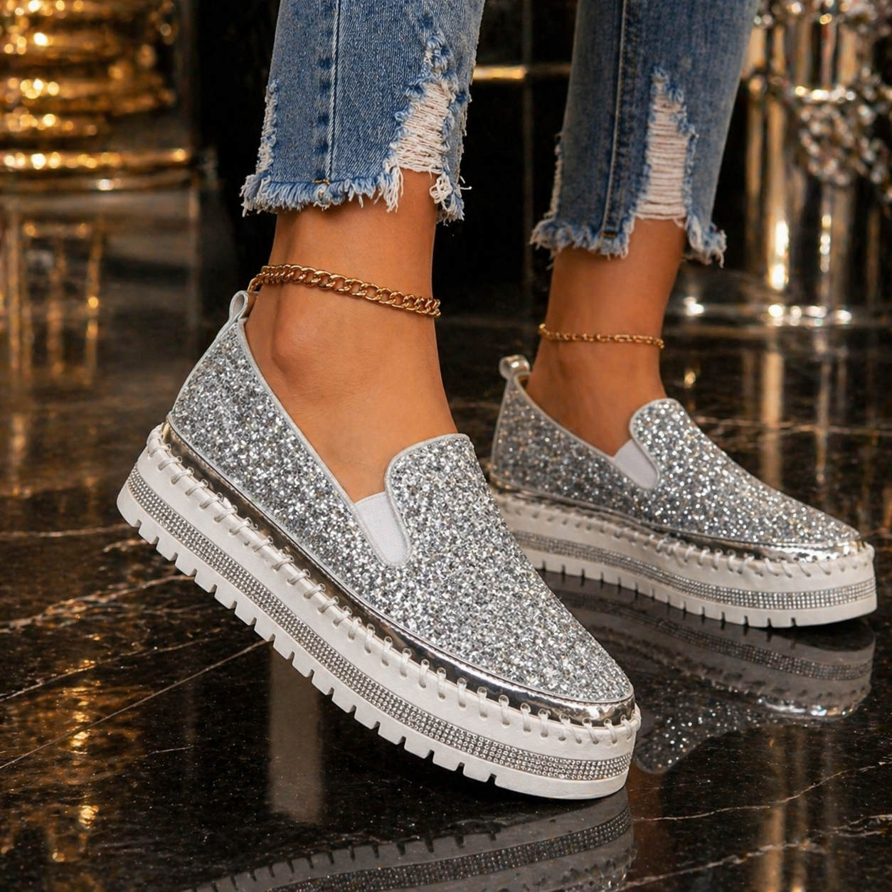 Suprclark Women Slip On Sparkly Loafers - Silver