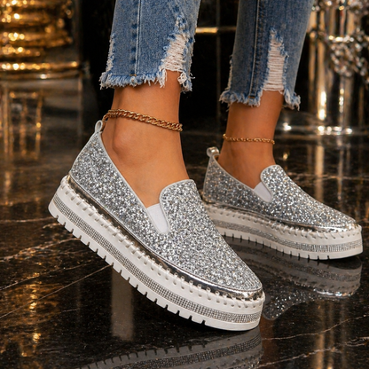 Suprclark Women Slip On Sparkly Loafers - Silver