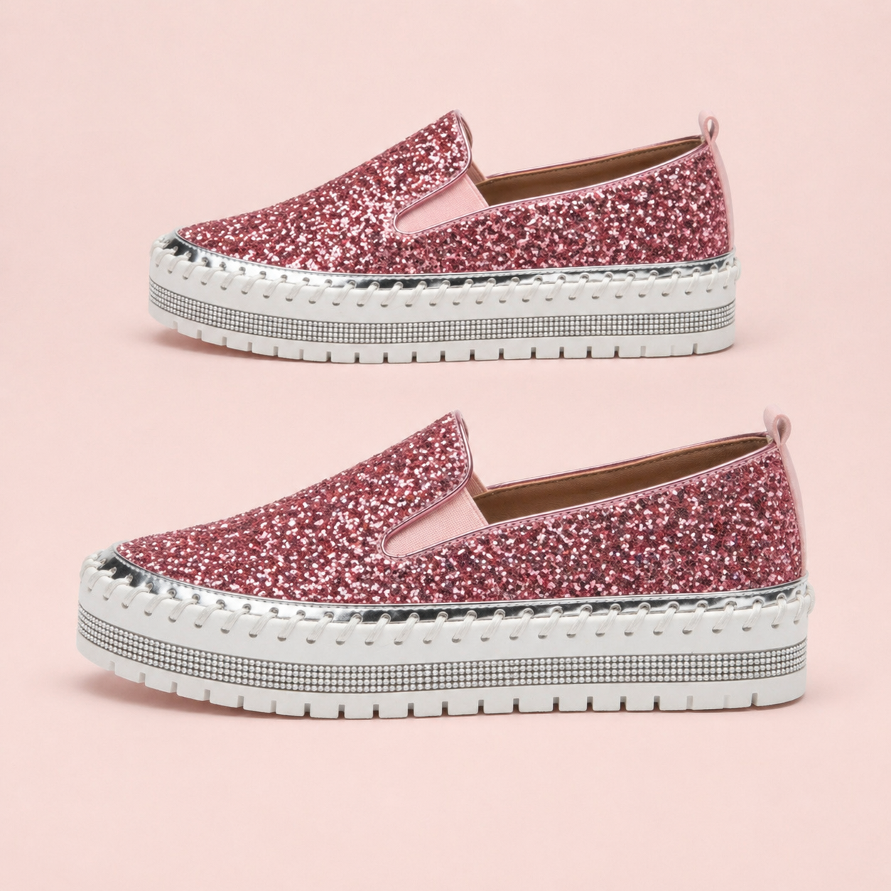 Suprclark Women Slip On Sparkly Loafers - Pink