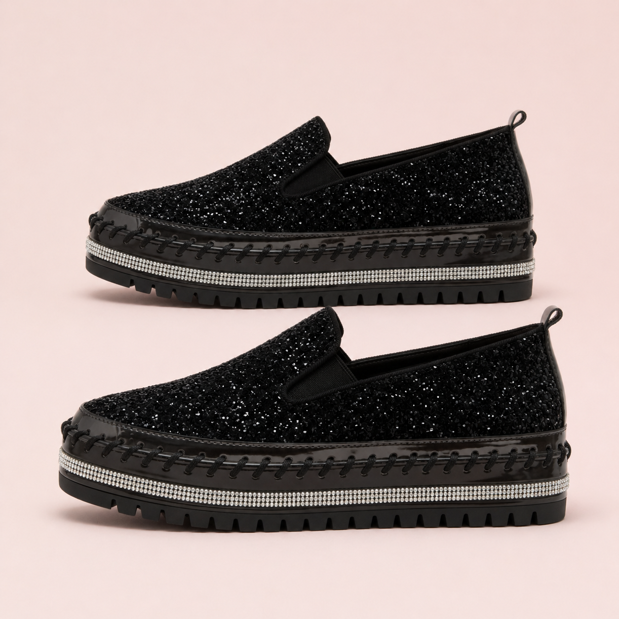 Suprclark Women Slip On Sparkly Loafers - Black