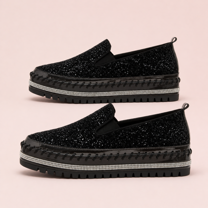 Suprclark Women Slip On Sparkly Loafers - Black