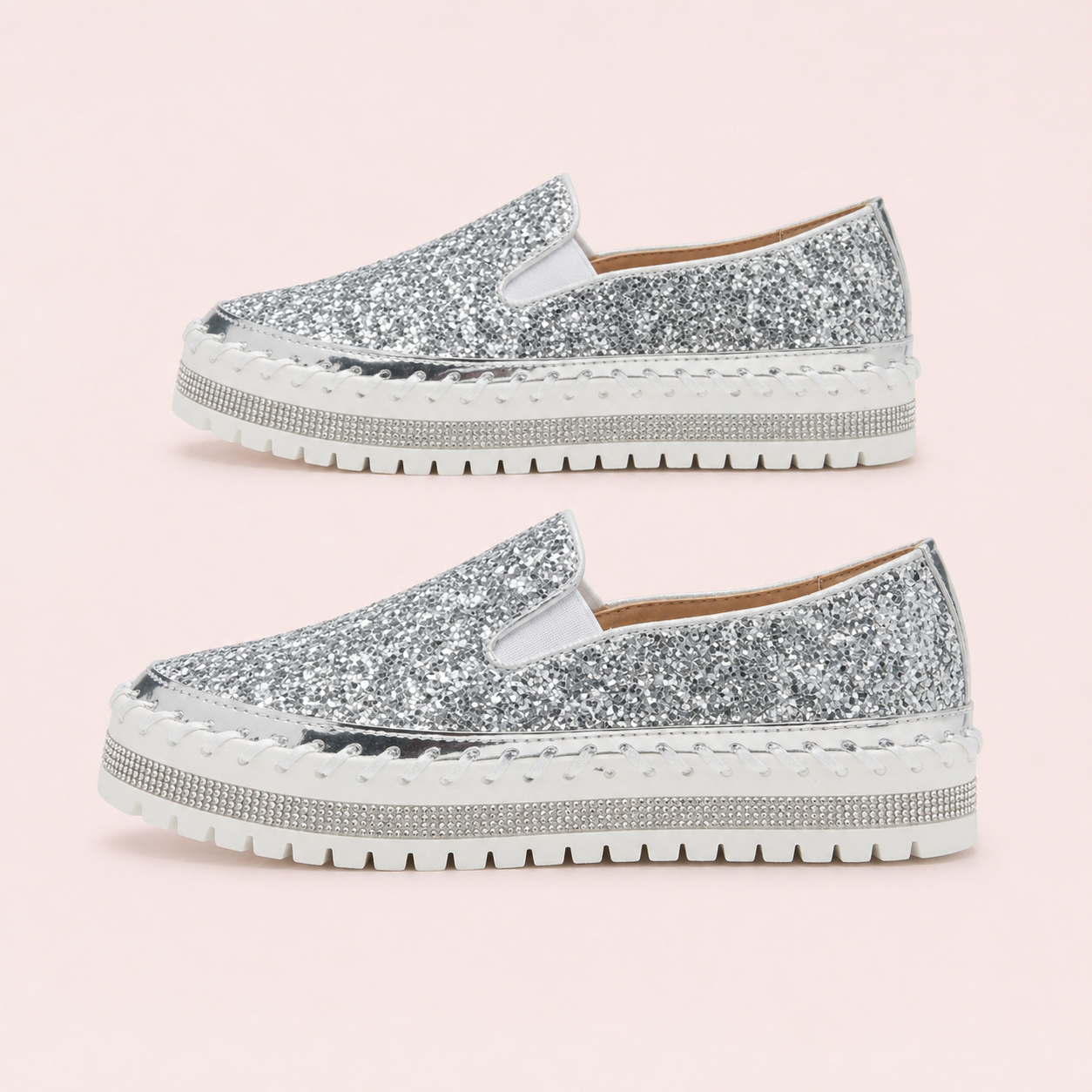 Suprclark Women Slip On Sparkly Loafers - Silver