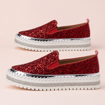 Suprclark Women Slip On Sparkly Loafers - Red