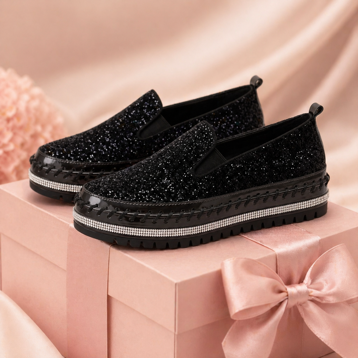 Suprclark Women Slip On Sparkly Loafers - Black