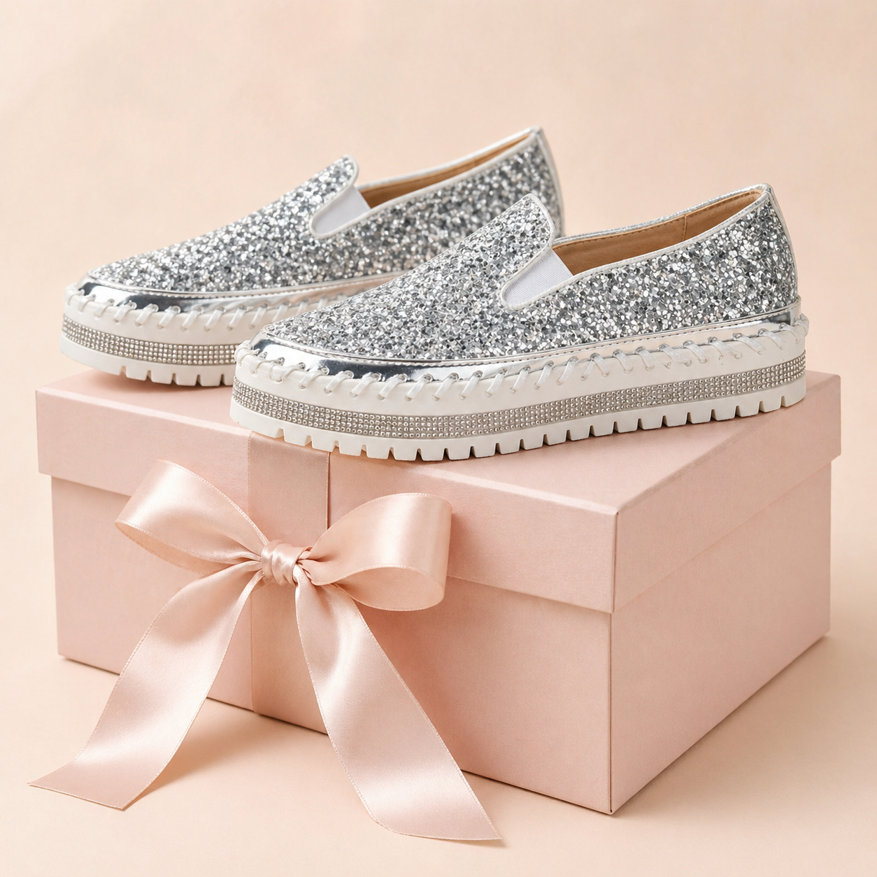 Suprclark Women Slip On Sparkly Loafers - Silver