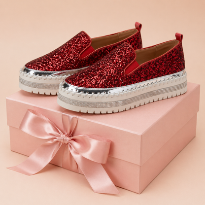 Suprclark Women Slip On Sparkly Loafers - Red