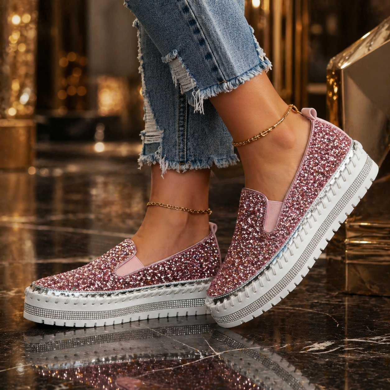 Suprclark Women Slip On Sparkly Loafers - Pink