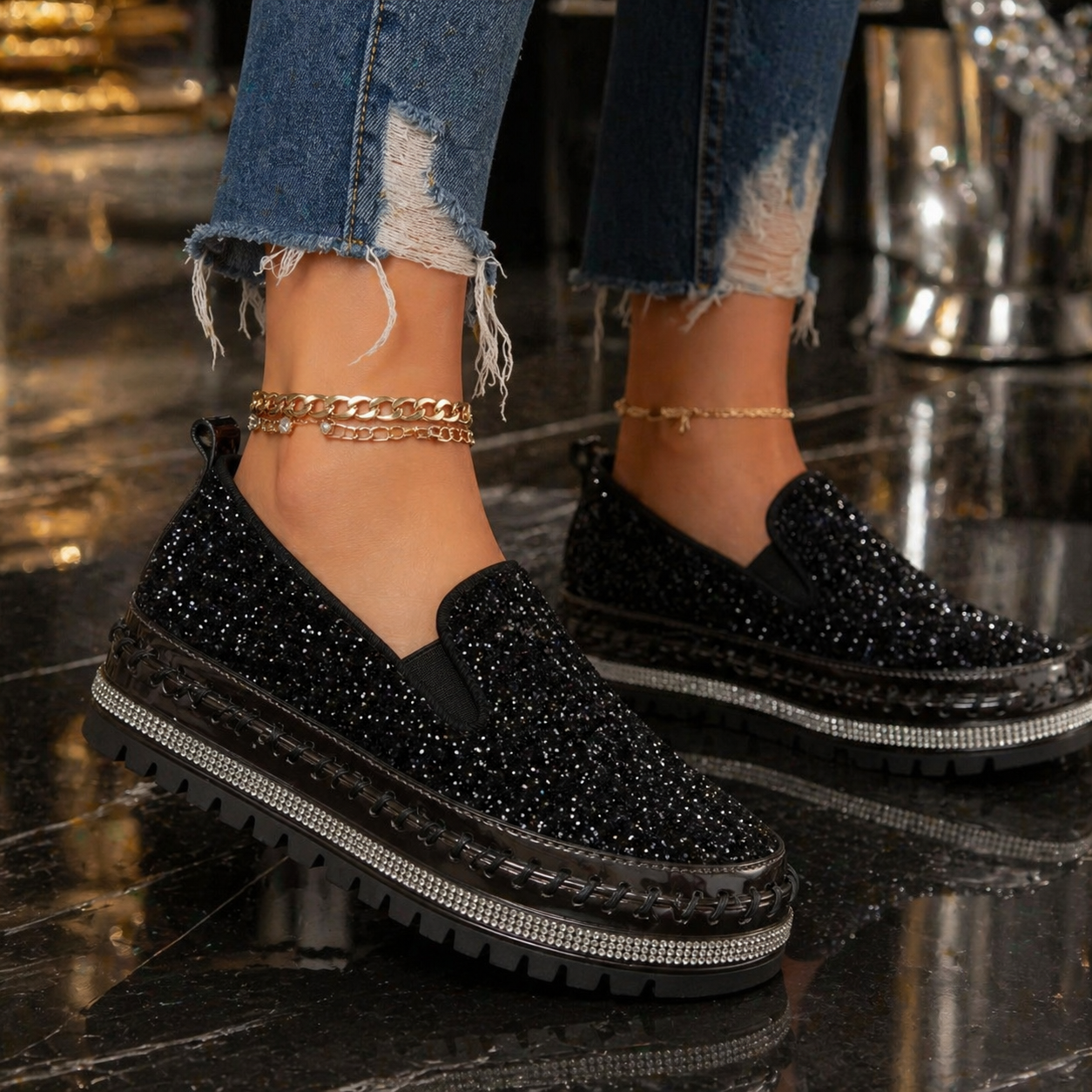 Suprclark Women Slip On Sparkly Loafers - Black