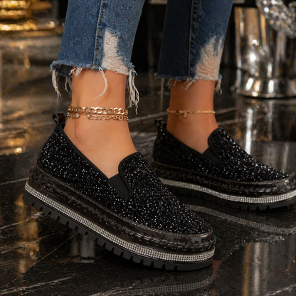 Suprclark Women Slip On Sparkly Loafers - Black