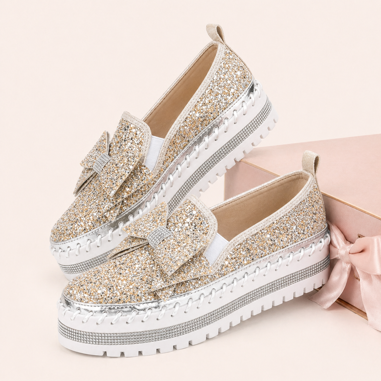 Suprclark Women Sparkly Loafers - Beige